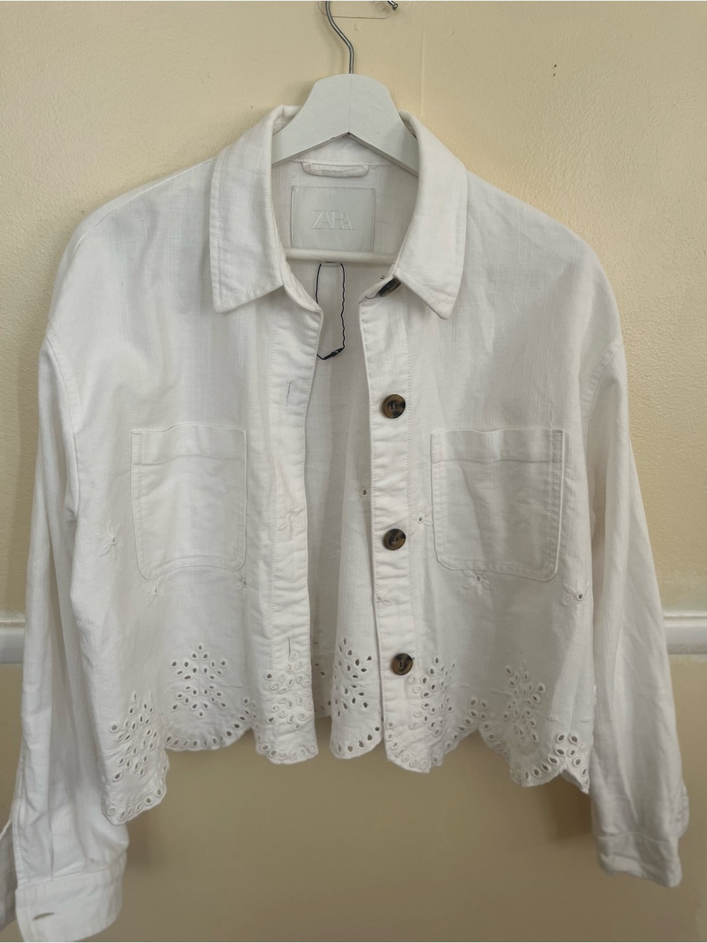 ZARA White Eyelet Hem Button-Down Shirt